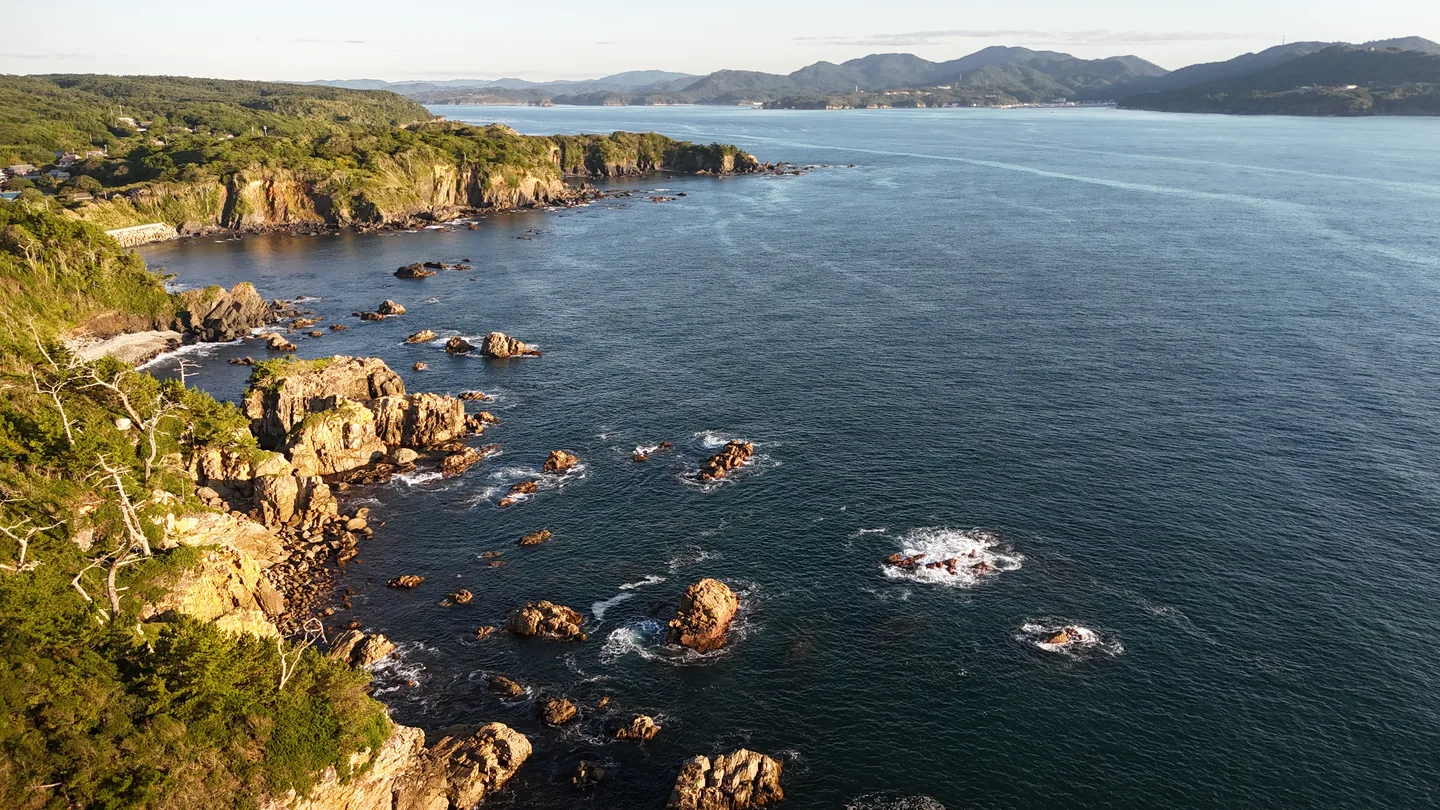 海から望む網地島の海岸